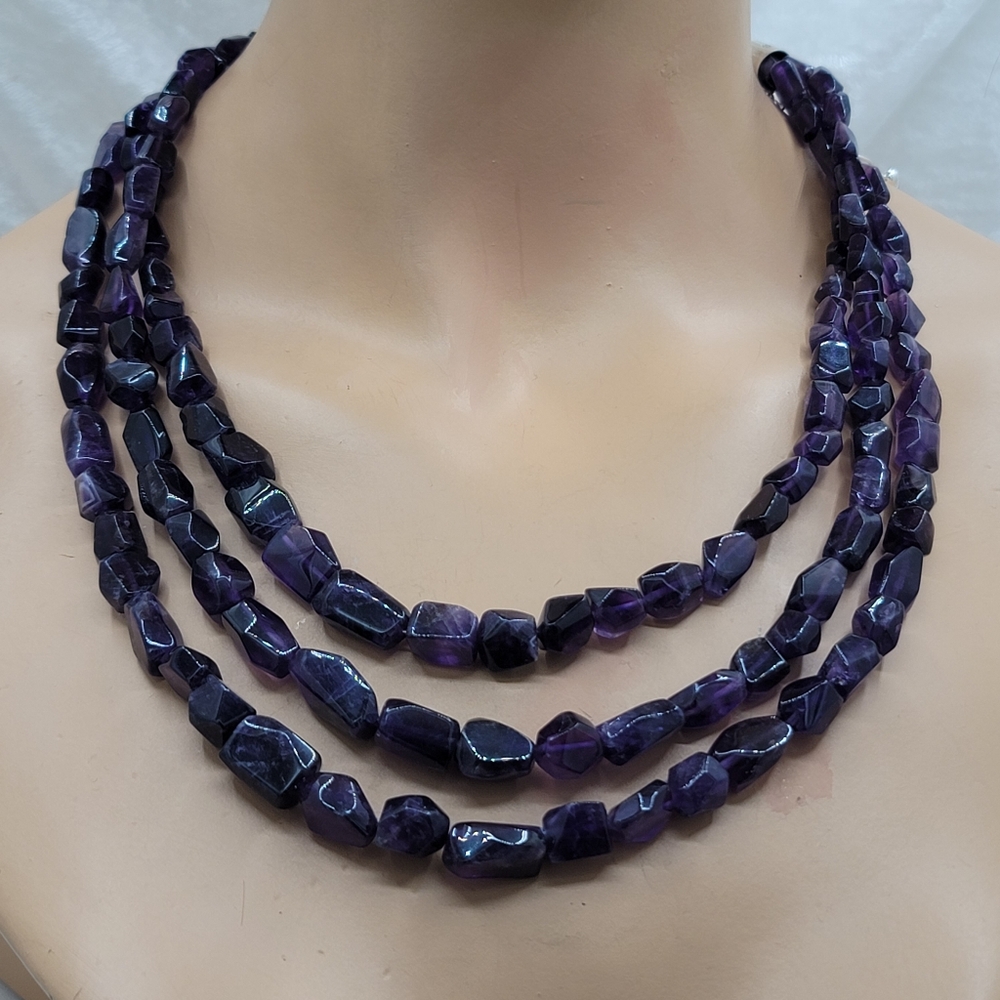 Jay King  Faceted Polished Natural Amethyst Stones 3 Strand Necklace 925 silver